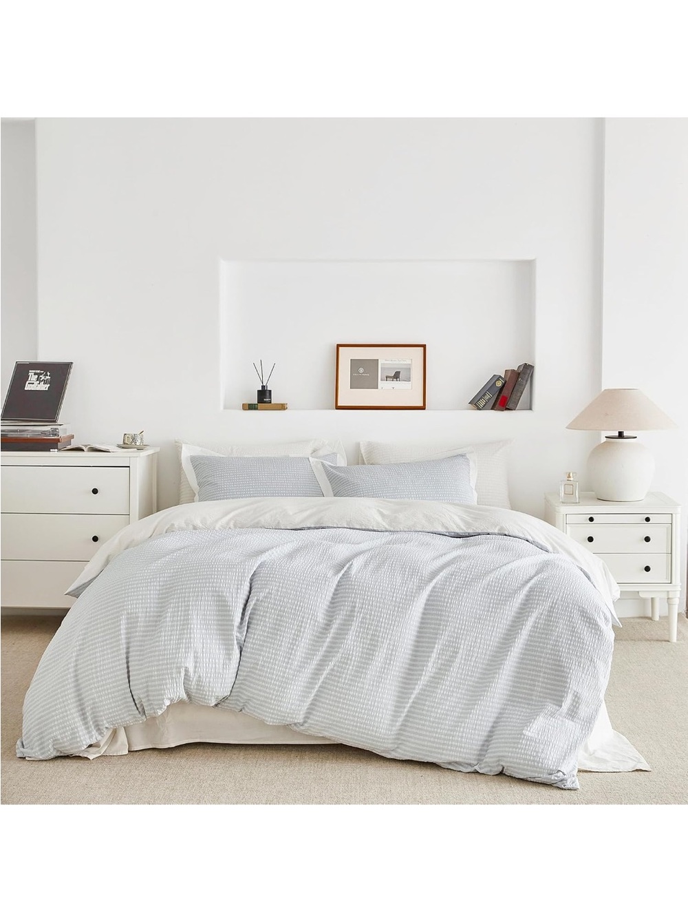 NEW SUSYBAO Seersucker 100% CottonDuvet Cover Set, 3 Pcs Blue White